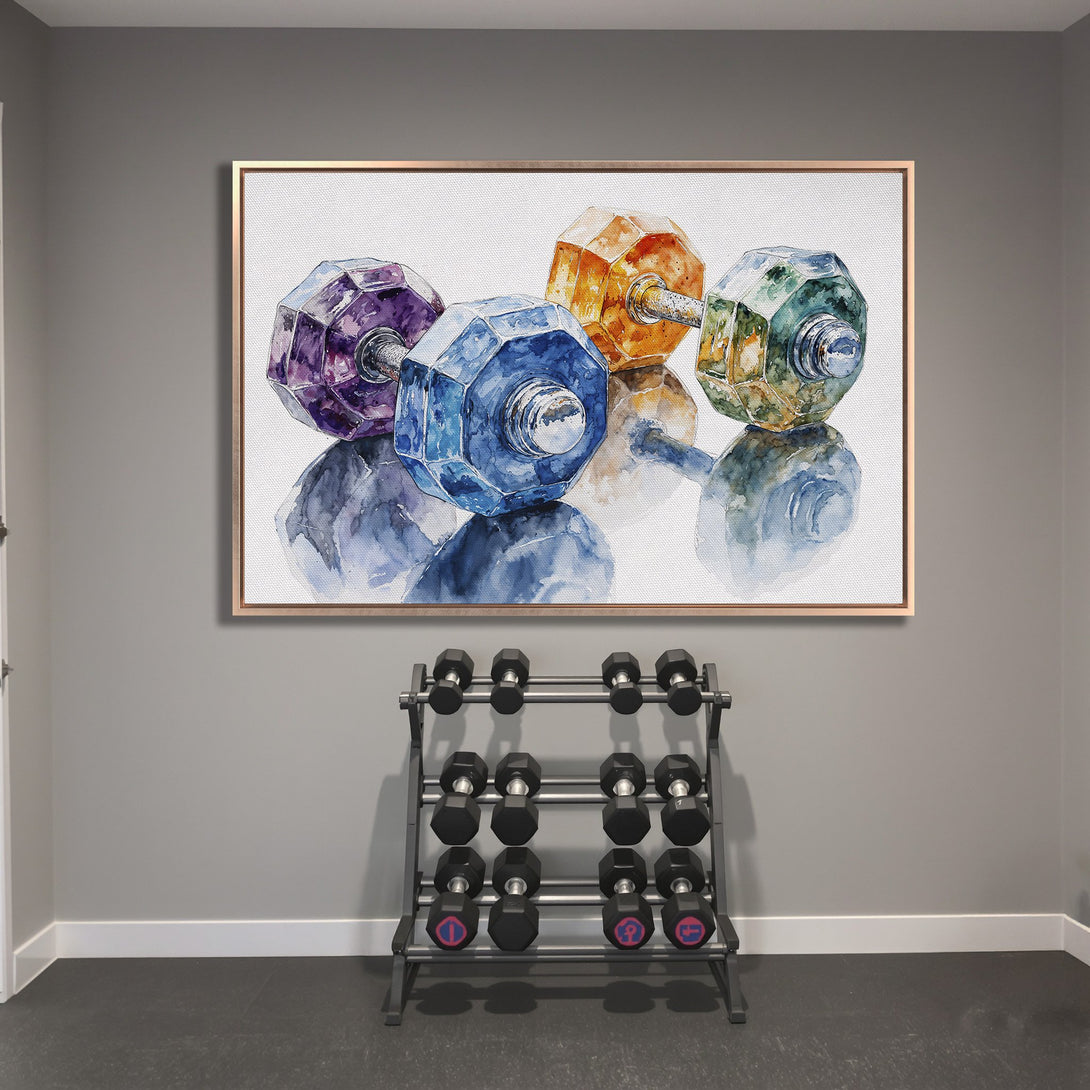Framed Wall Art: Watercolor dumbbells in vibrant colors. Modern art for home gym decor. Adds a pop of color to any space.
