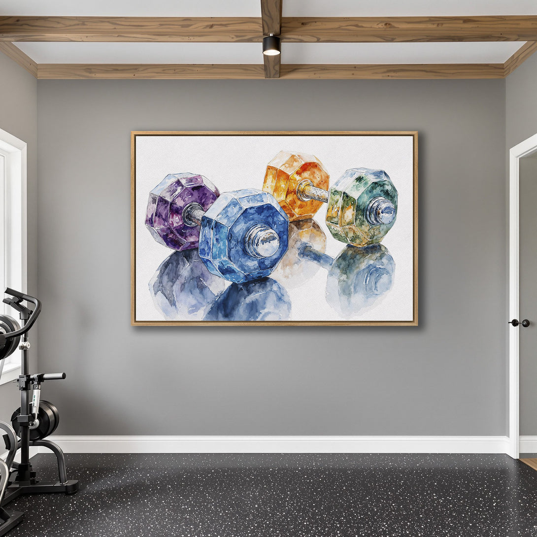 Framed Wall Art: Watercolor dumbbells in vibrant jewel tones. Perfect gym decor! Adds a pop of color to any space.