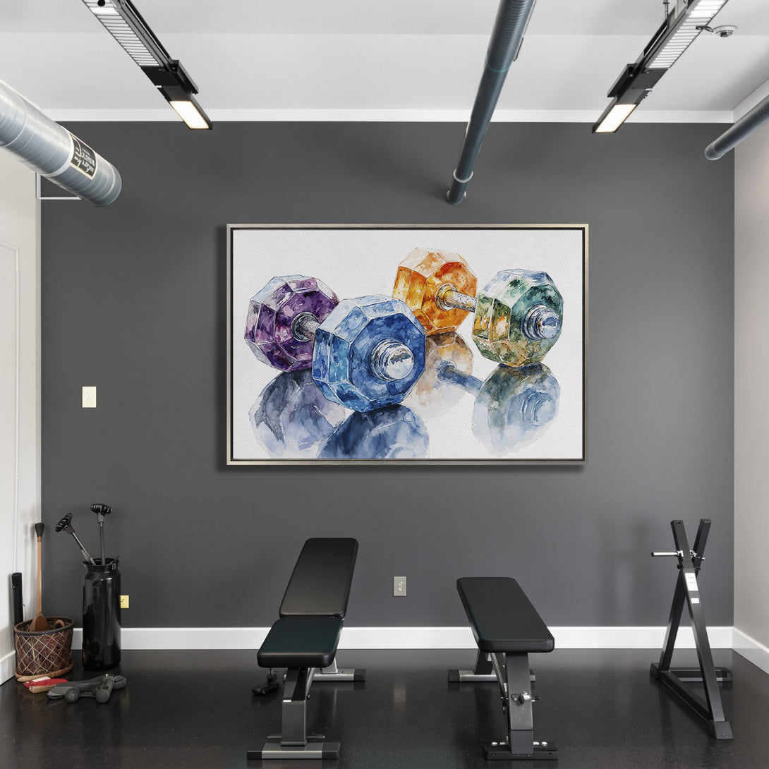 Framed Wall Art: Watercolor dumbbells in a gym setting. Vibrant, colorful artwork with a modern style, featuring purple, blue, orange, and green hues.