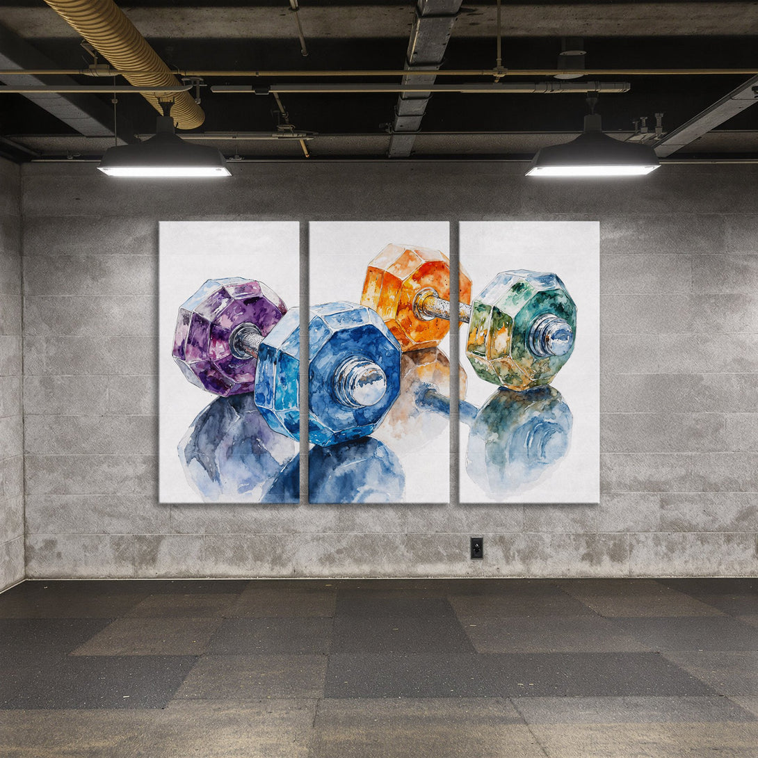 Canvas Print of watercolor dumbbells in vibrant jewel tones. Modern art for home gym decor.