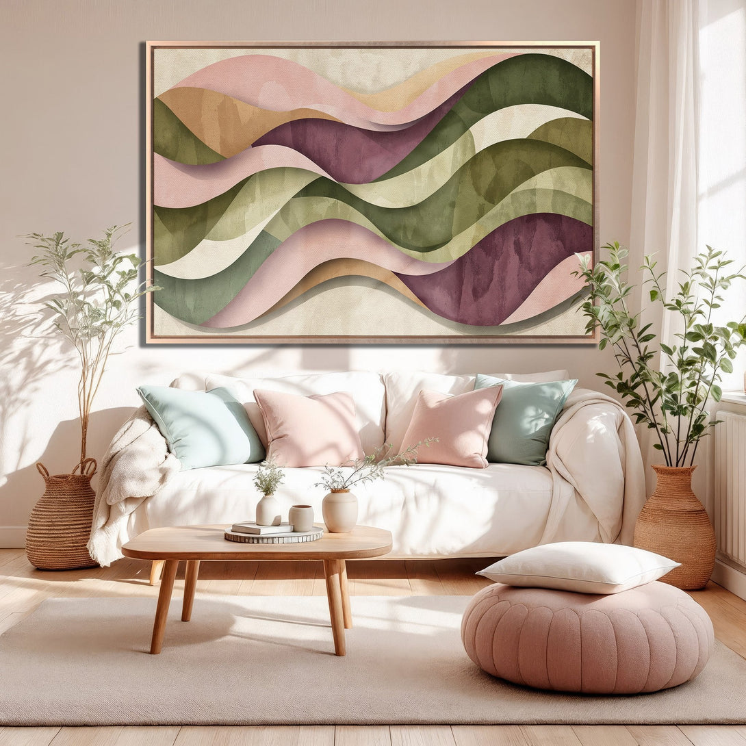 Framed Wall Art: Abstract wave design in pinks, greens, and browns. Modern art canvas print perfect for living room decor.