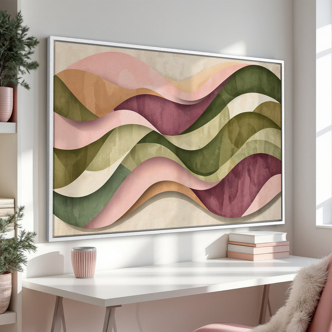 Framed Wall Art featuring abstract wave design in muted pink, green, and beige tones. Modern art for a stylish home.