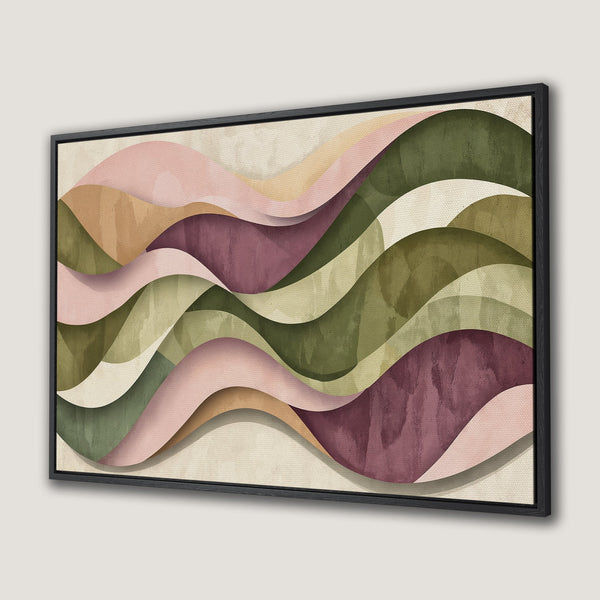 Framed Wall Art: Abstract wave design in muted pinks, greens, and browns. Modern canvas print for a stylish interior.