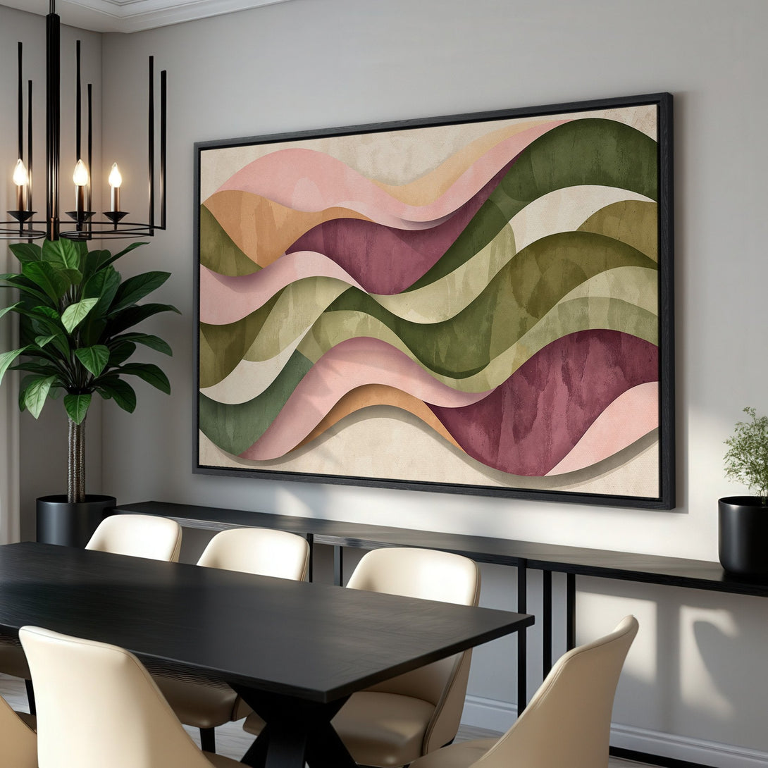 Framed Wall Art featuring an abstract wave design in earthy tones of pink, green, and beige. Modern art for your dining room decor.