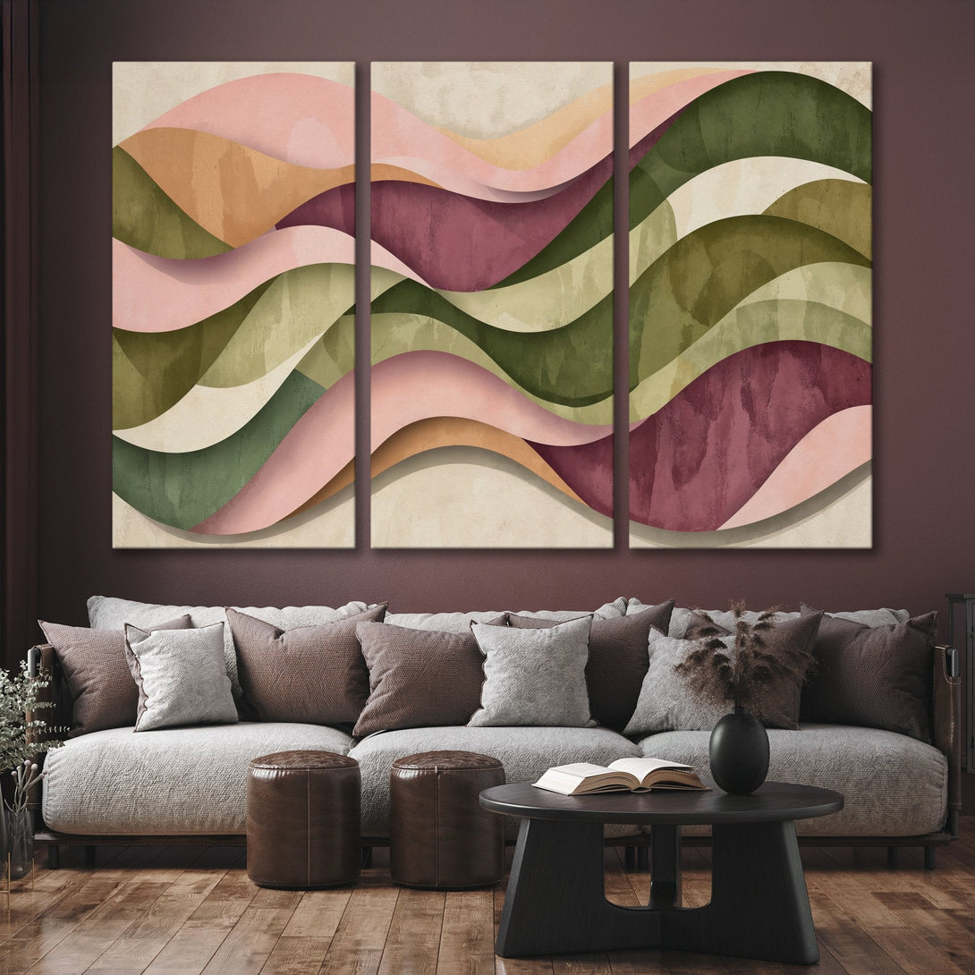 Abstract Canvas Print art in a warm, earthy color palette. Modern wall decor featuring layered, flowing shapes in pink, green, and ochre tones.
