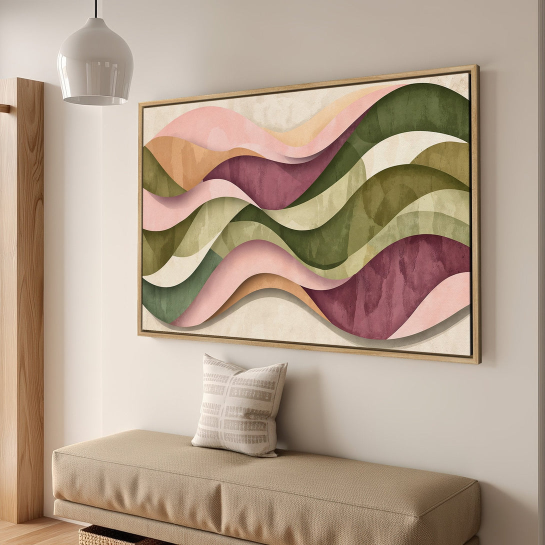 Framed Wall Art: Abstract waves in pink, green, and earth tones. Modern canvas print adds a touch of art to any interior space.
