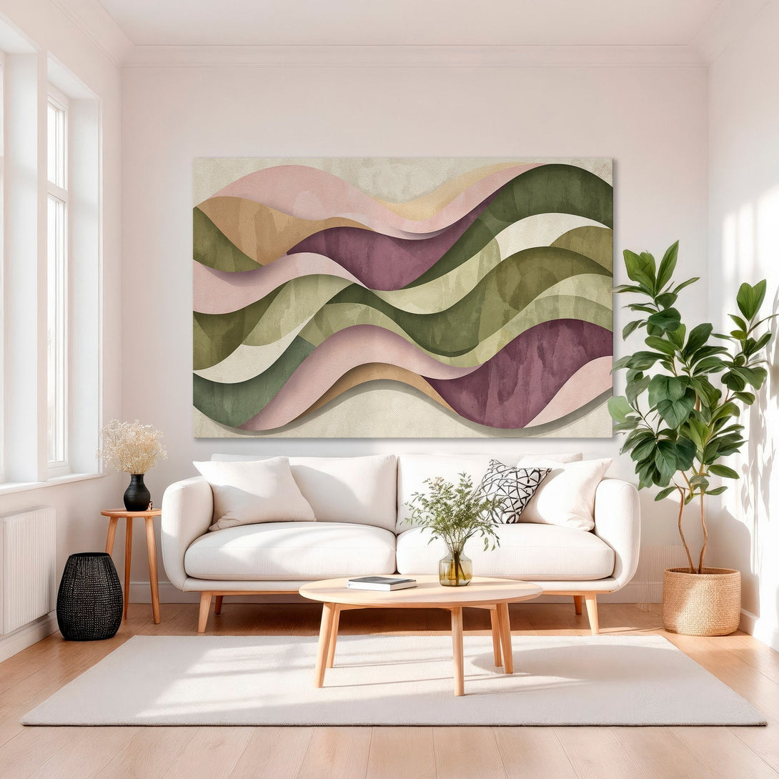 Framed Wall Art: Abstract wave design in warm pinks, greens, and earth tones. Modern art for living room decor. Shop now!