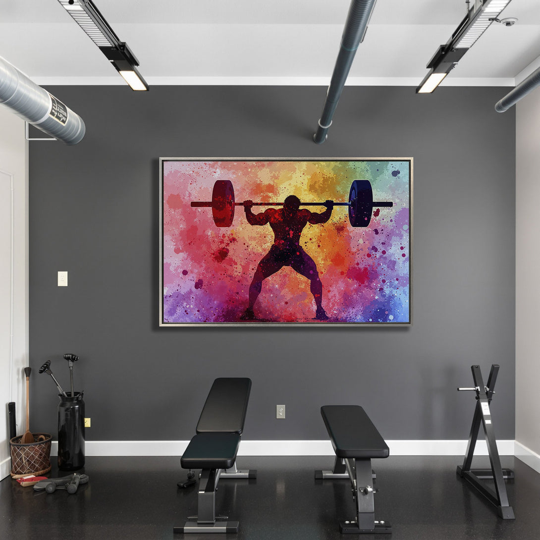 Framed Wall Art: Watercolor lifter silhouette with a vibrant, colorful splash background. Perfect for home gyms! Modern art with a bold color palette.