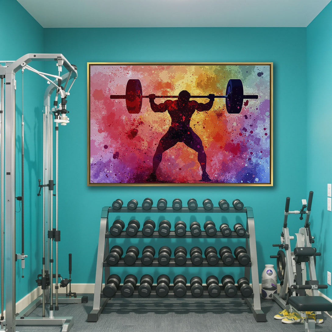 Canvas Print of weightlifter silhouette with a vibrant, colorful watercolor background. Perfect gym decor!