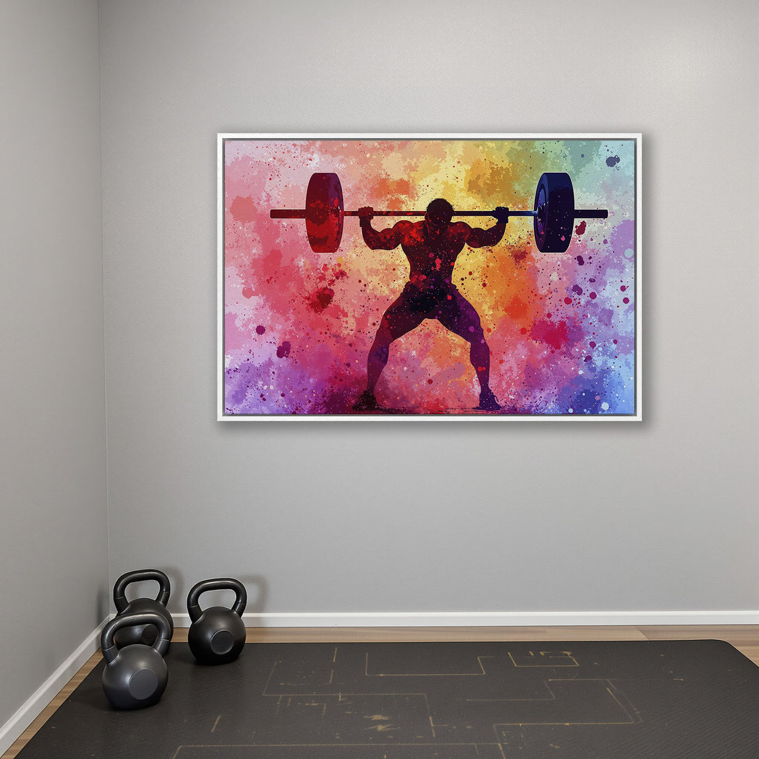 Framed Wall Art: Abstract weightlifter silhouette with vibrant watercolor background in a home gym setting. Colorful, motivational decor for fitness enthusiasts.