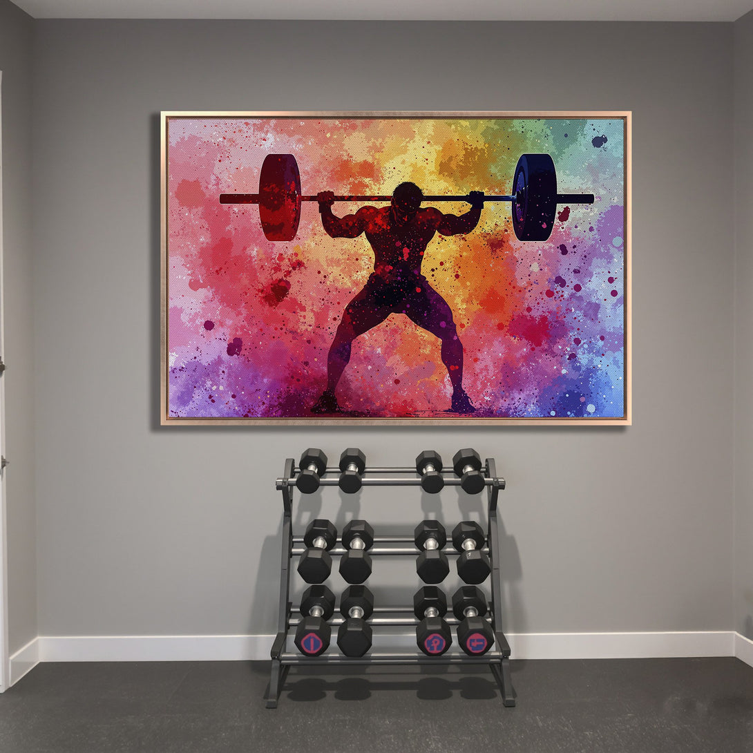 Framed Wall Art: Watercolor style Canvas Print of weightlifter with vibrant rainbow colors. Perfect gym decor for a motivational space.