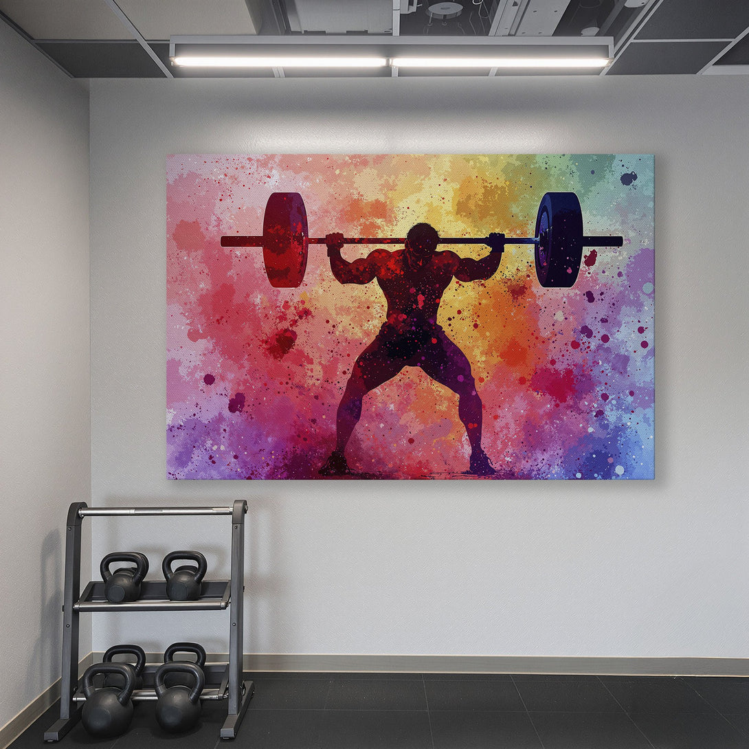 Framed Wall Art featuring a weightlifter silhouette against a vibrant, colorful abstract background. Perfect gym decor!