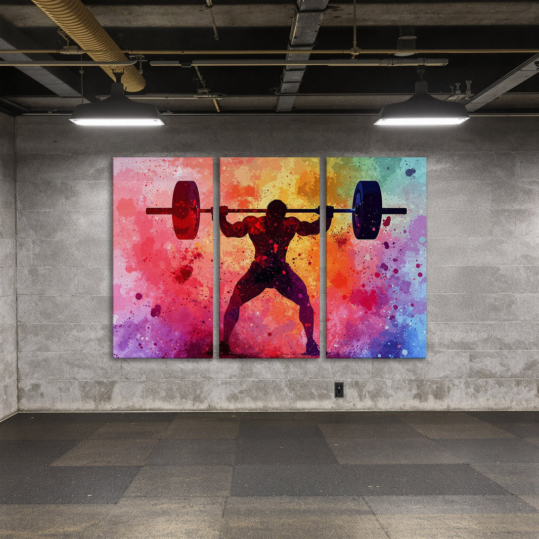 Canvas Print of weightlifter silhouette in colorful watercolor style, vibrant red, purple, and orange palette. Perfect gym decor.