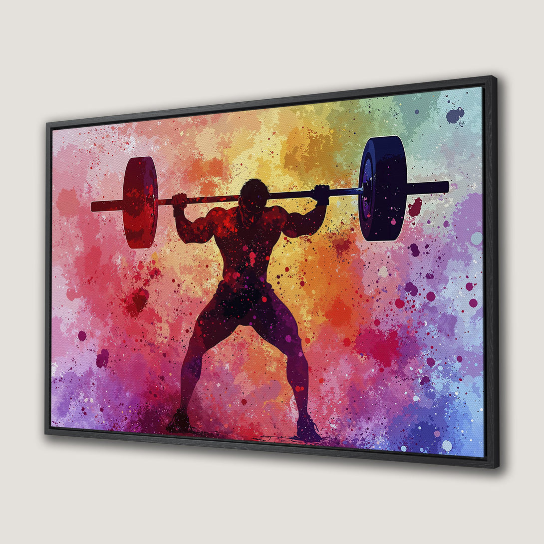 Framed Wall Art of weightlifter silhouette with vibrant watercolor splash background. Bold, colorful canvas print perfect for gym or home decor.