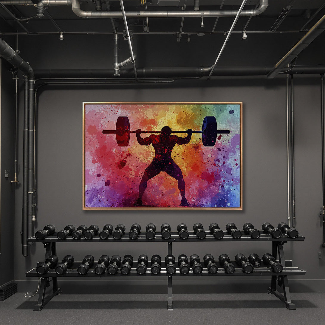 Framed Wall Art: Silhouette of weightlifter in vibrant watercolor style. Colorful abstract art with red, blue, and purple hues. Perfect gym decor.
