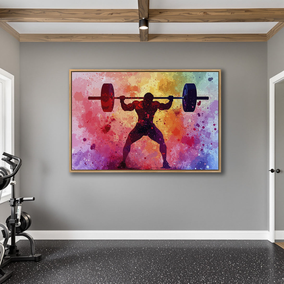 Framed Wall Art: Vibrant watercolor canvas print of a weightlifter. Bold, colorful abstract art in a gym setting. Perfect for home fitness decor.