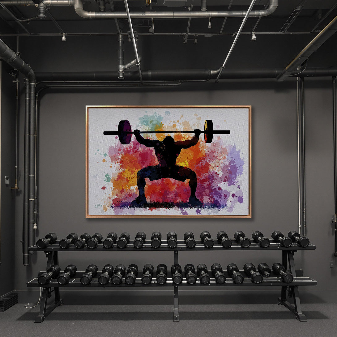 Framed Wall Art: Silhouette of weightlifter with colorful watercolor splash background. Modern fitness decor with vibrant orange, purple, and yellow hues. Perfect gym art.