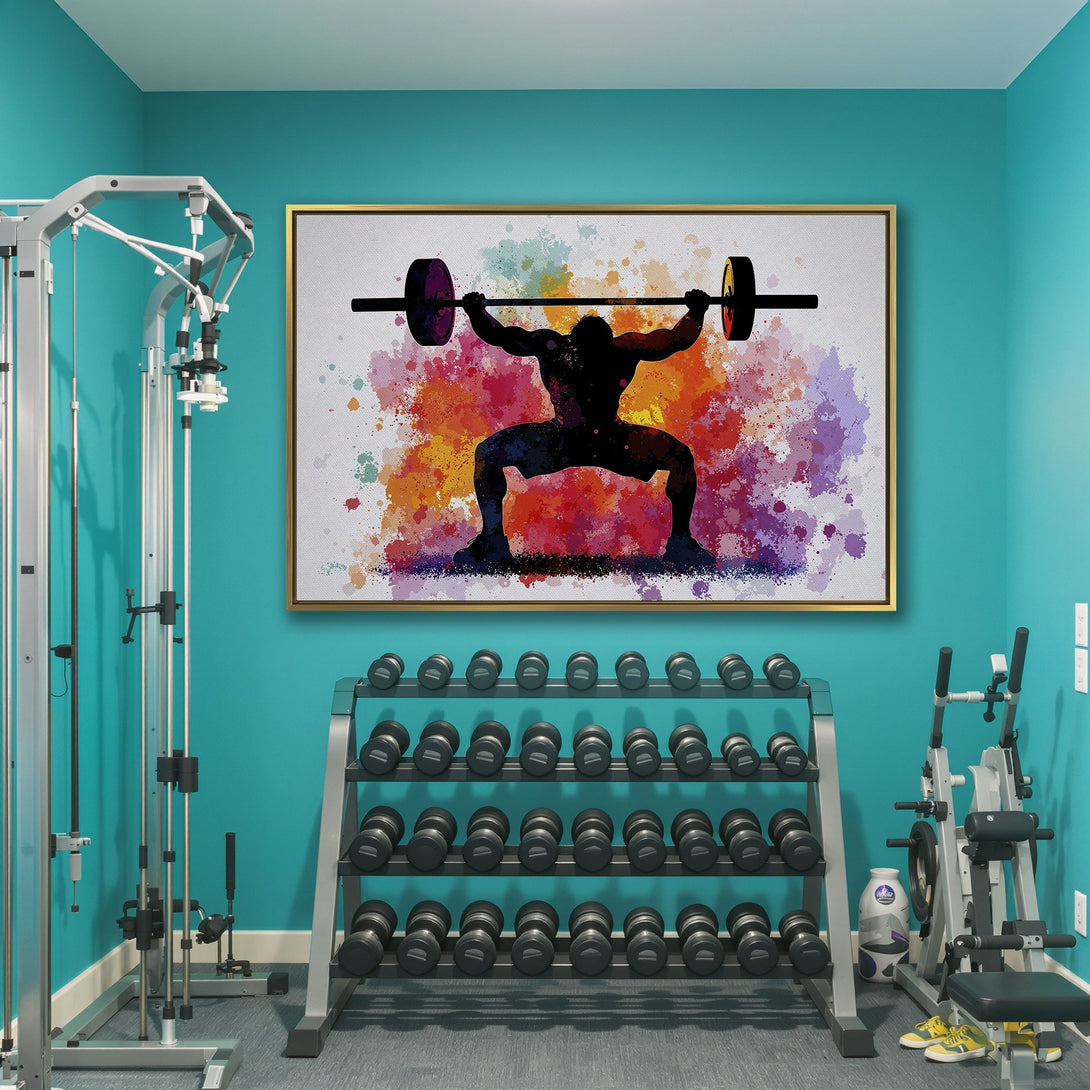 Canvas Print of weightlifter silhouette with colorful watercolor splash background, perfect for home gym decor.