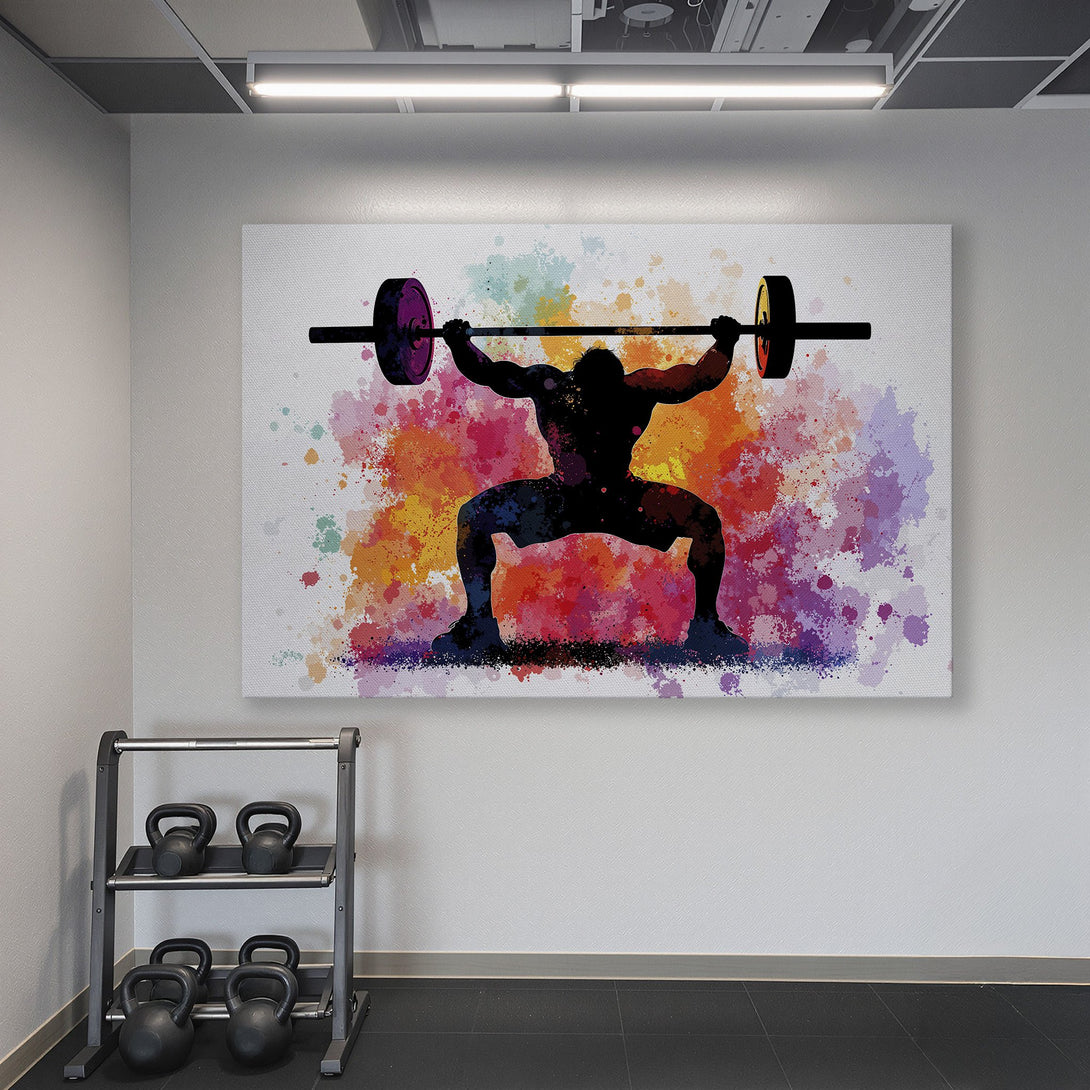 Framed Wall Art: Watercolor weightlifter in a gym. Vibrant, colorful abstract art with a black silhouette on a white background. Perfect for home gyms!