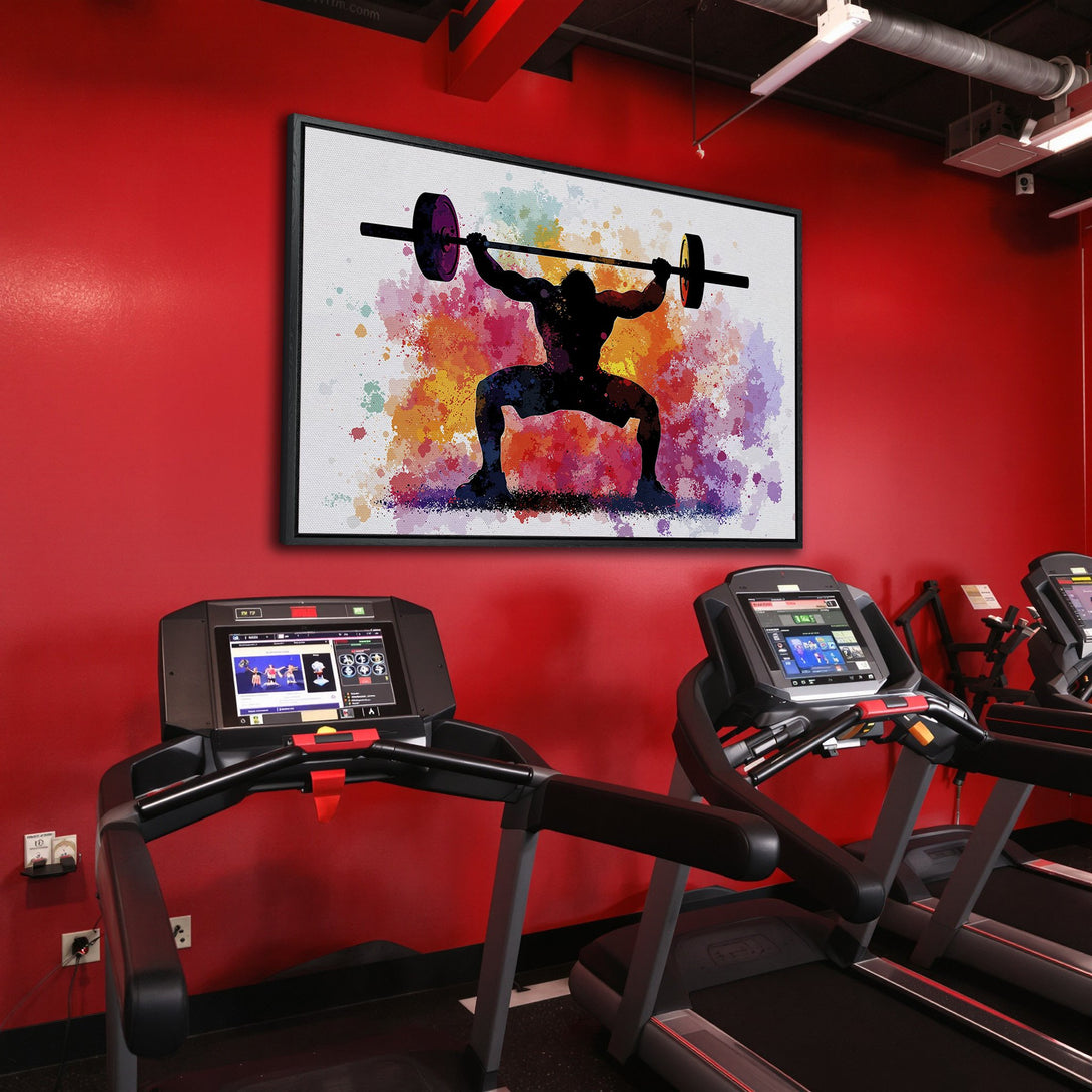 Framed Wall Art: Watercolor weightlifter in a gym. Colorful abstract art with a bold silhouette. Perfect for fitness enthusiasts.