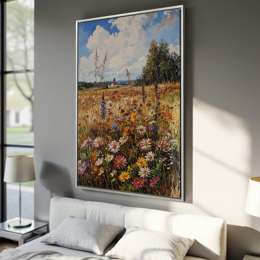 Framed Wall Art: Impressionistic landscape Canvas Print of a wildflower field with a vibrant, colorful palette. Perfect for adding a touch of nature to your home.