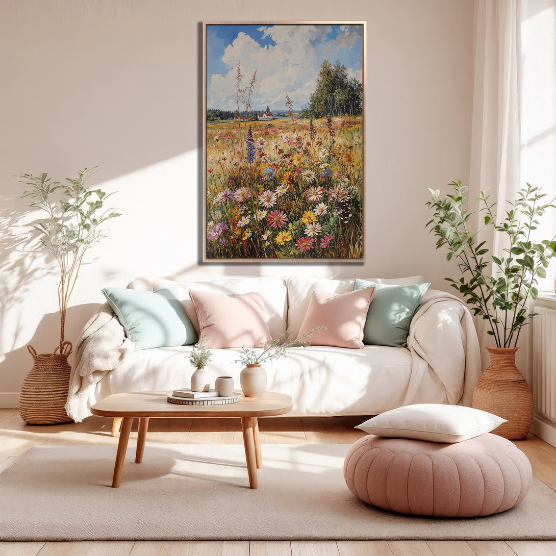 Framed Wall Art: Impressionist landscape canvas print with wildflowers, soft pastel colors, and a cozy interior setting. Perfect for adding a touch of nature!