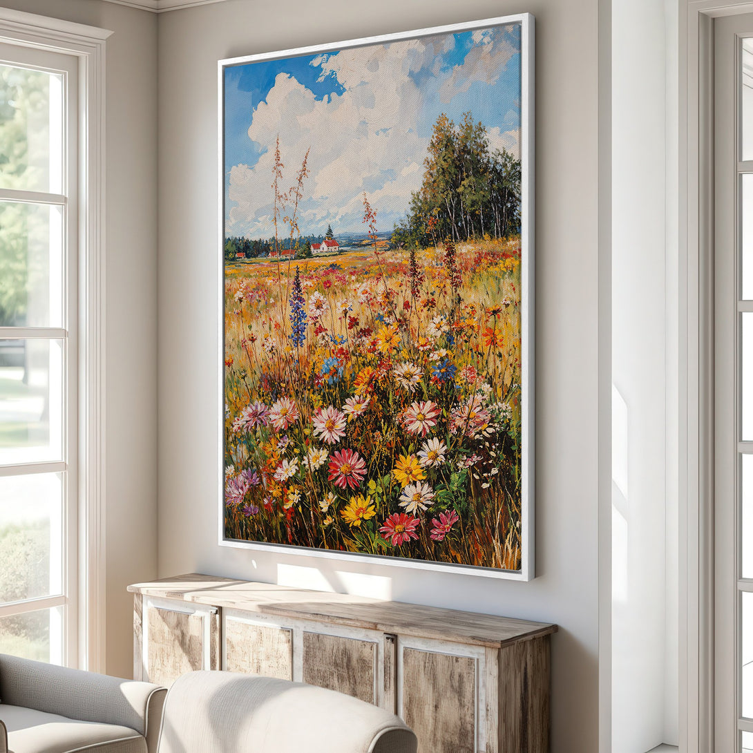 Framed Wall Art: Impressionist landscape Canvas Print with vibrant wildflowers, a blue sky, and warm, earthy tones. Perfect for adding color to your home!