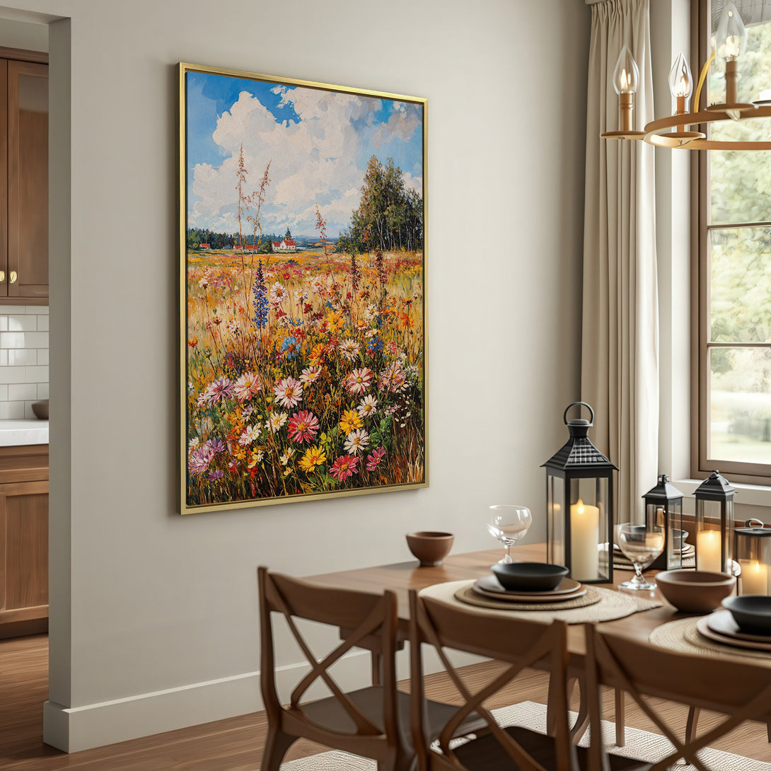 Canvas Print of a vibrant wildflower field painting, showcasing a colorful palette of blues, yellows, and pinks. Perfect wall art for a cozy interior.
