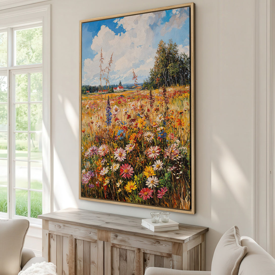 Framed Wall Art: Impressionist field of wildflowers in a warm, colorful palette. Perfect for adding a touch of nature and art to your home decor.