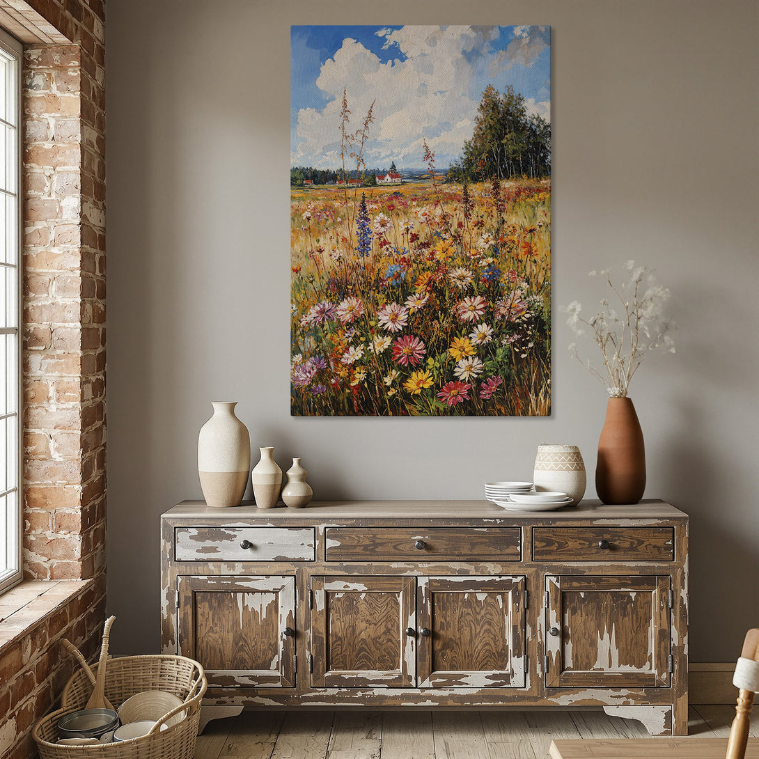 Framed Wall Art: Impressionist landscape Canvas Print with vibrant wildflowers and a blue sky, displayed in a dining room with warm, neutral tones.