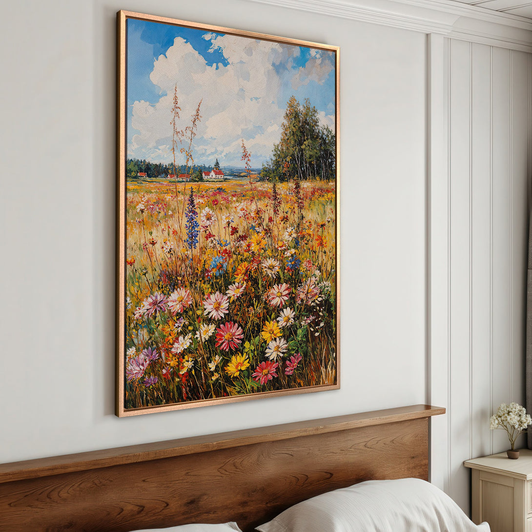 Framed Wall Art: Impressionist landscape Canvas Print with vibrant wildflowers & colorful palette. Perfect for adding art & color to your home decor.