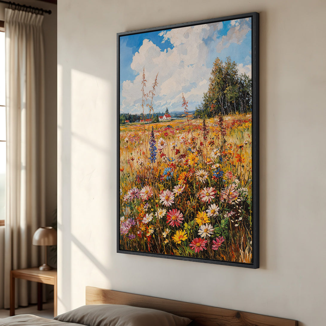 Framed Wall Art of a vibrant wildflower field painting with blue sky. Warm, colorful palette adds a touch of nature to any interior.