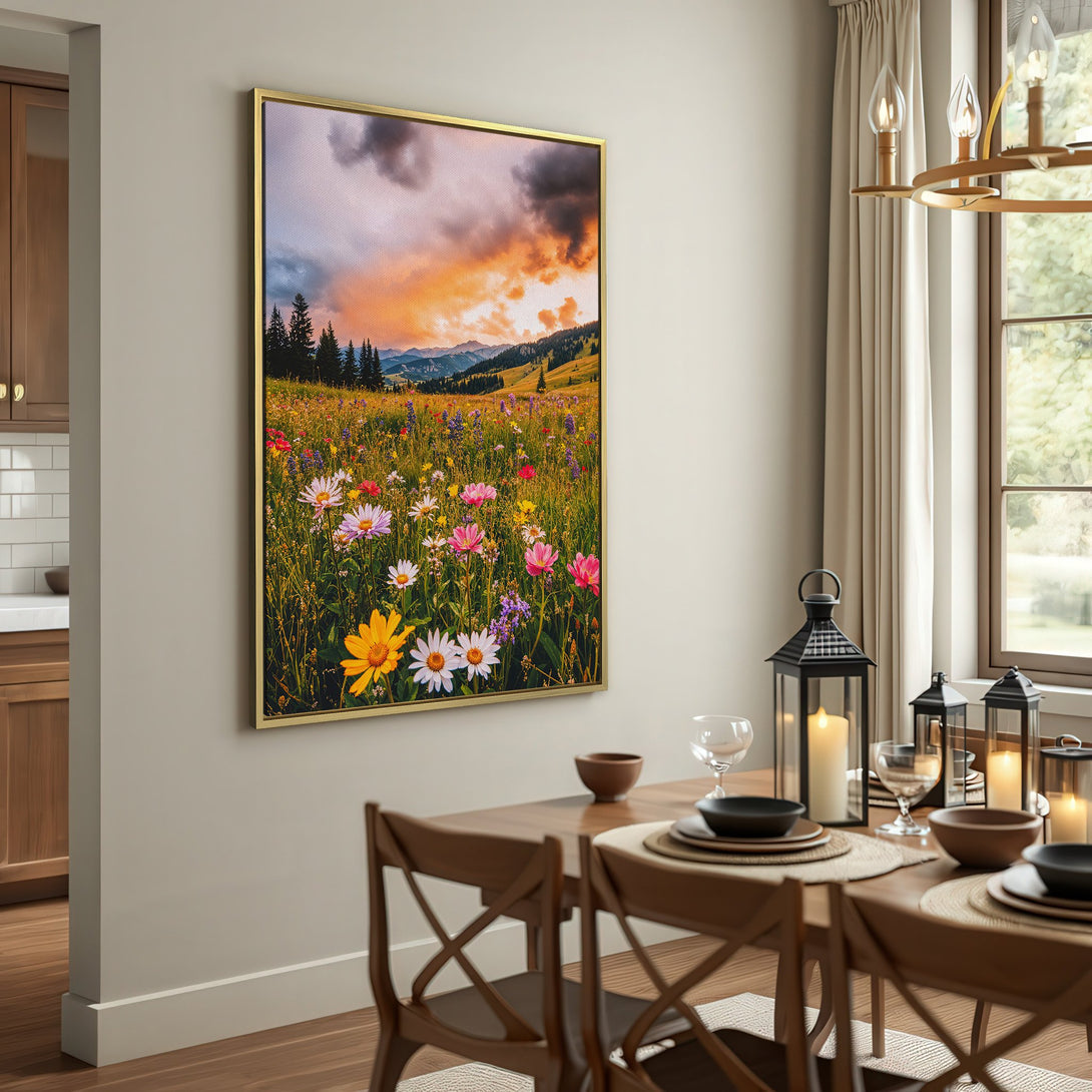Canvas Print of a vibrant wildflower meadow at sunset. Rustic decor with warm, earthy tones and a pop of color.