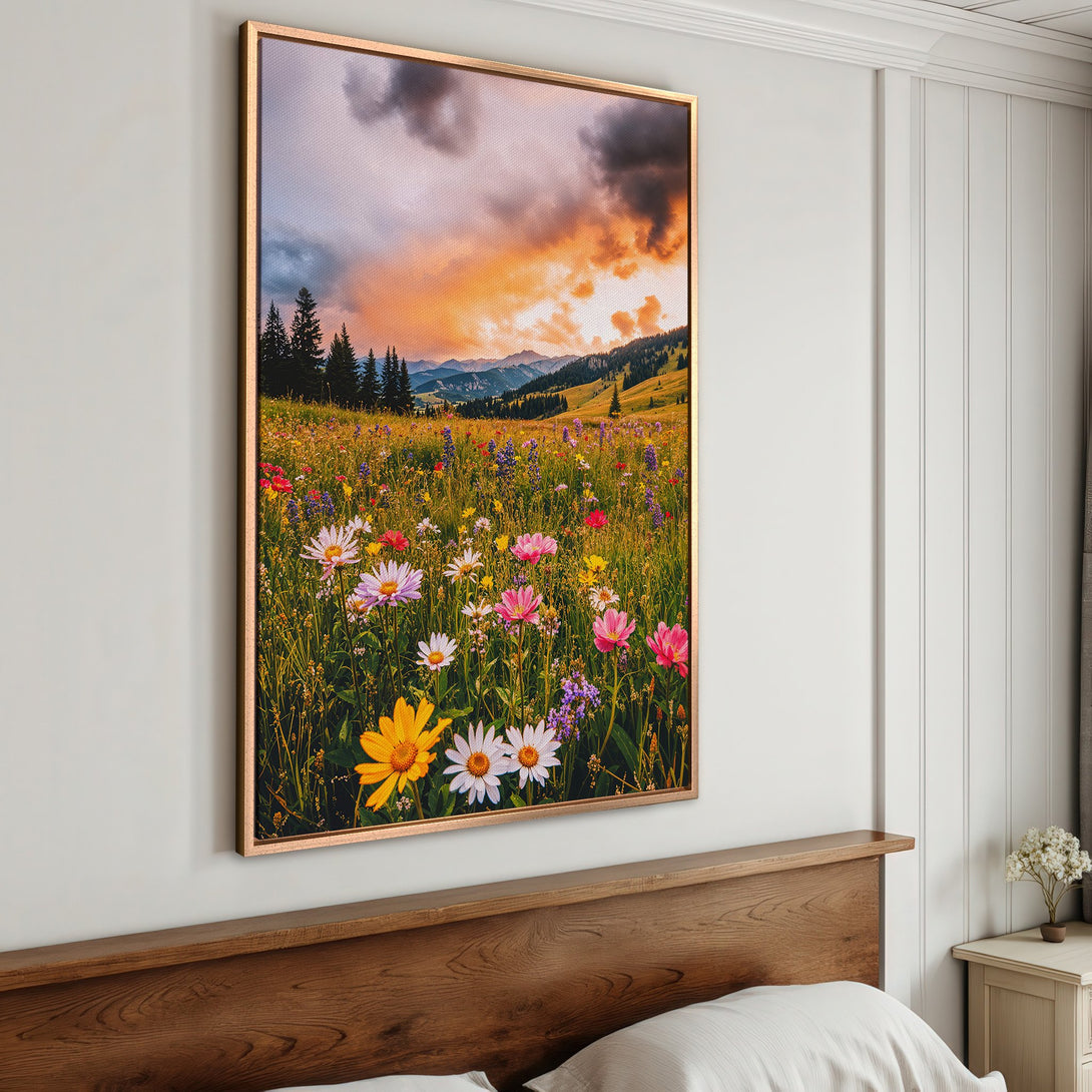Framed Wall Art: Vibrant wildflower meadow Canvas Print with warm sunset hues. Bring nature's beauty into your home with this stunning landscape art.