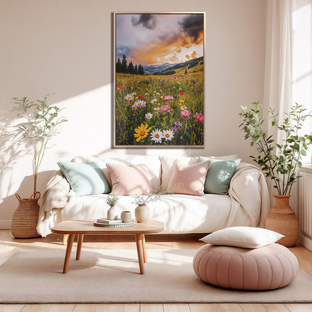 Framed Wall Art: Stunning landscape Canvas Print with vibrant wildflowers and sunset hues, perfect for adding a touch of nature's beauty to your home decor.