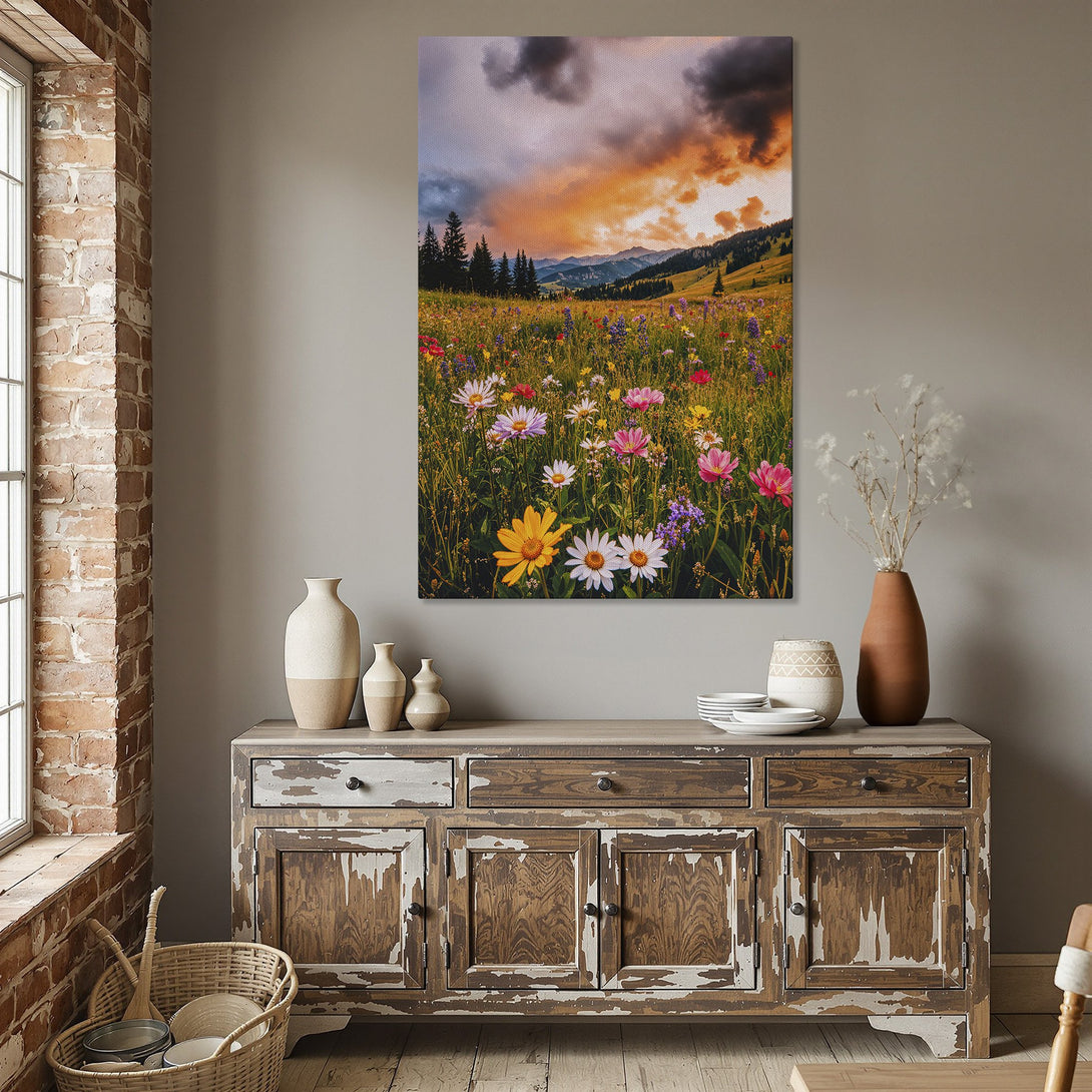 Framed Wall Art: Vibrant wildflower meadow canvas print with sunset sky. Warm, colorful palette perfect for home decor. Add nature's beauty to your space!