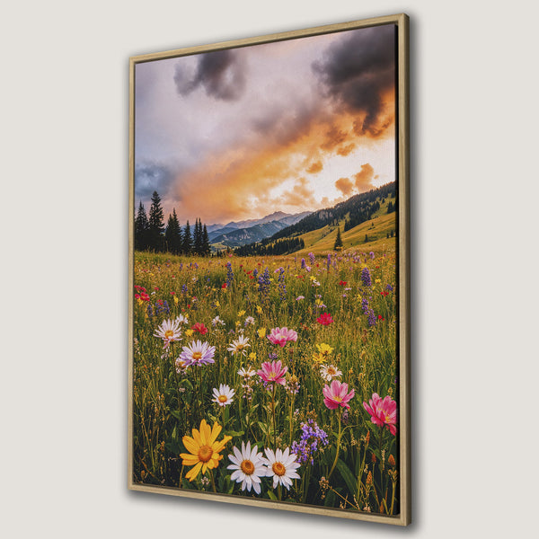 Framed Wall Art: Vibrant meadow Canvas Print with colorful wildflowers, mountains, and a dramatic sunset. Warm, inviting color palette for home decor.