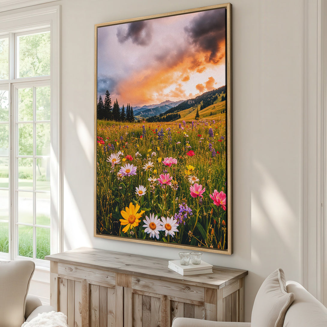 Canvas Print of a vibrant meadow landscape with colorful wildflowers under a sunset sky. Warm, earthy tones and a touch of nature's beauty.