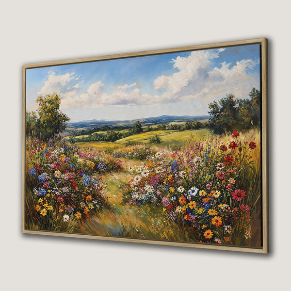 Framed Wall Art: Vibrant wildflower meadow canvas print. Impressionistic style with a colorful palette of blues, greens, yellows, and reds. Perfect for home decor.