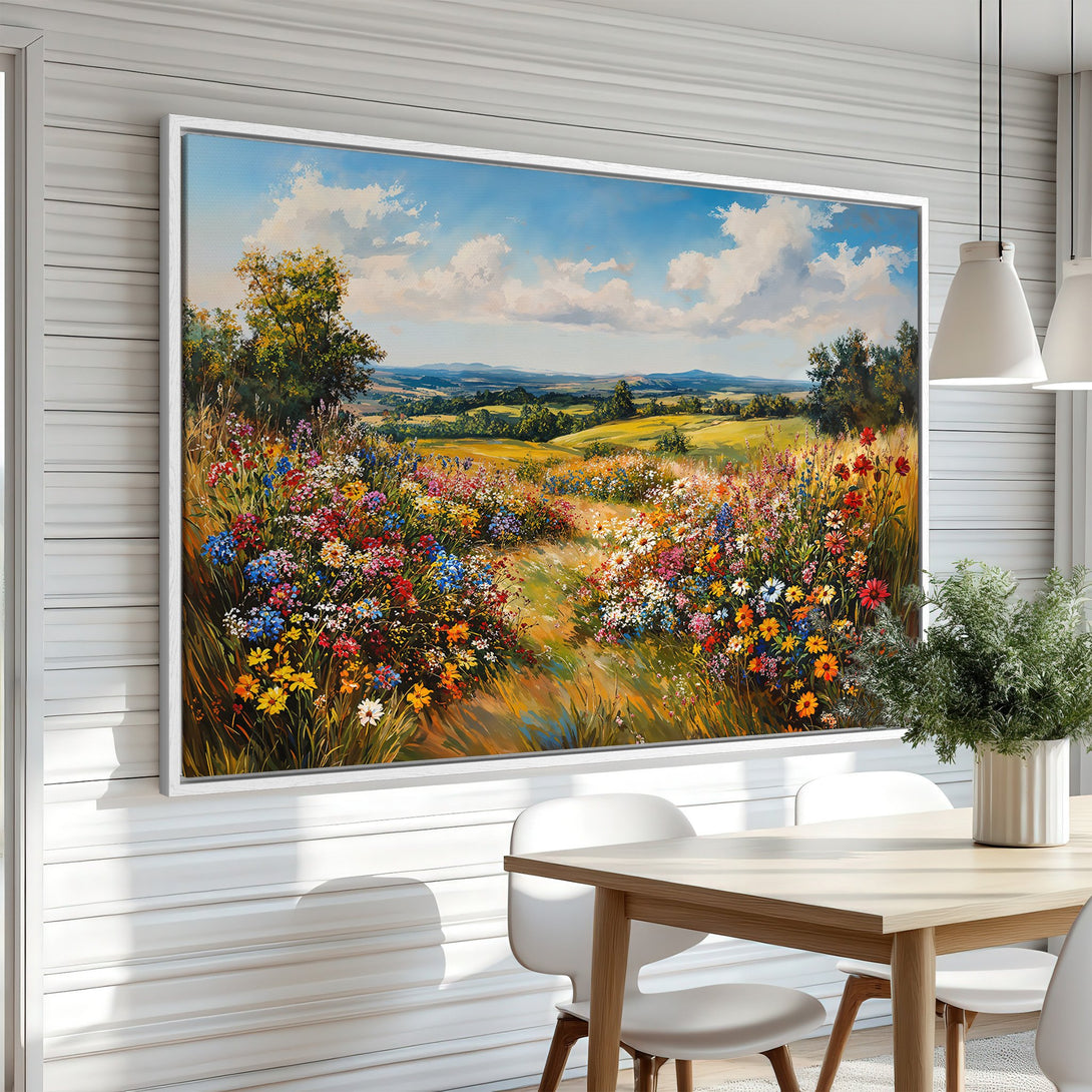 Framed Wall Art: Vibrant wildflower meadow Canvas Print. Impressionistic style with a colorful palette of blues, yellows, and greens, perfect for your home decor.