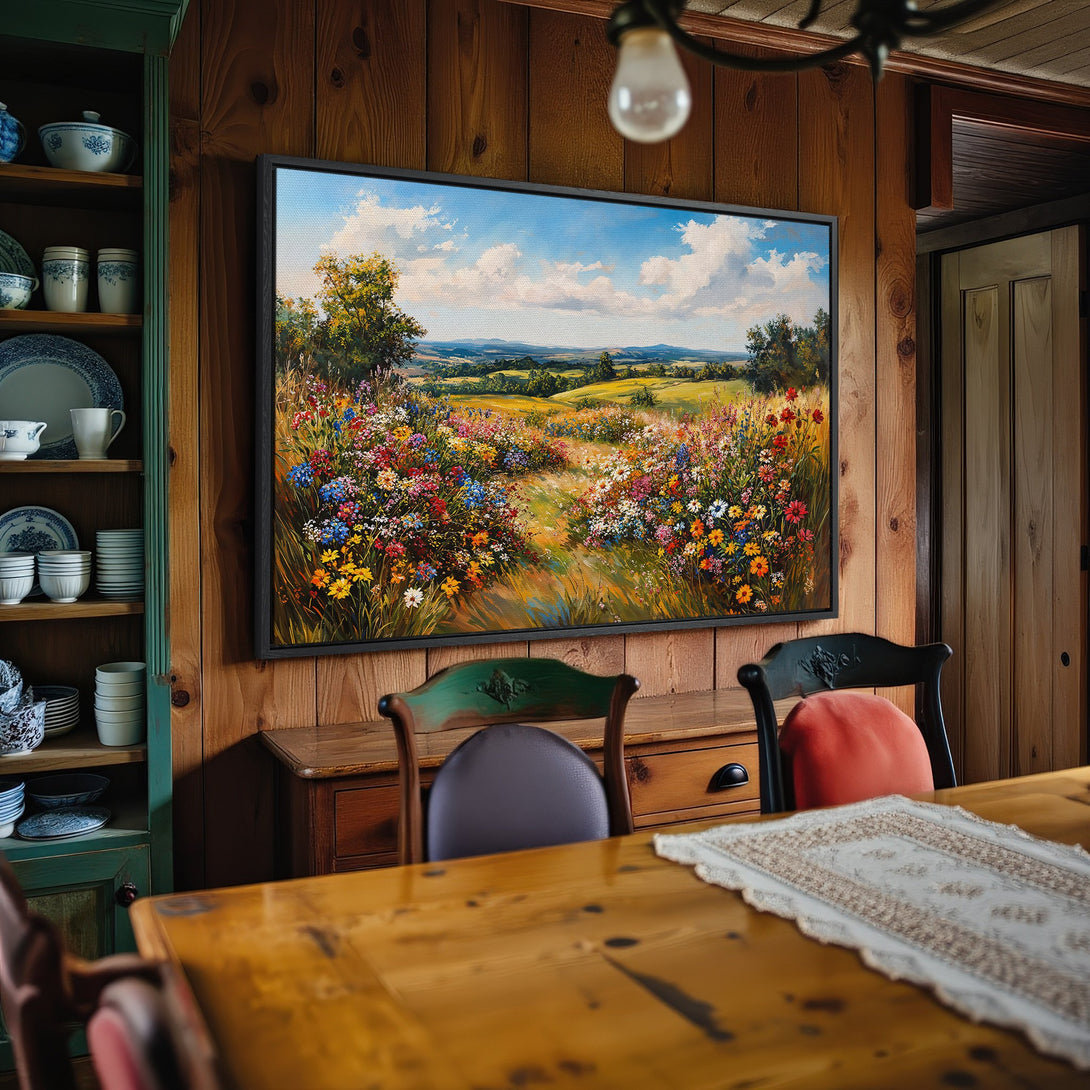 Framed Wall Art: Landscape painting with vibrant wildflowers & blue sky. Adds a touch of nature's beauty to your home. Warm color palette.