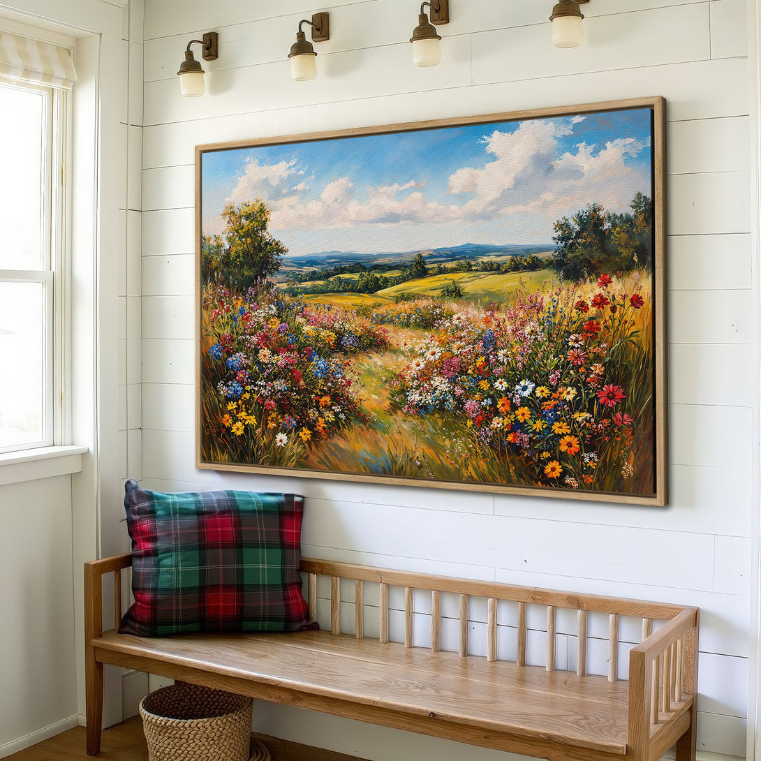 Framed Wall Art: Vibrant landscape Canvas Print featuring colorful wildflowers and a bright blue sky. Perfect for adding a touch of nature and warmth to your home decor.