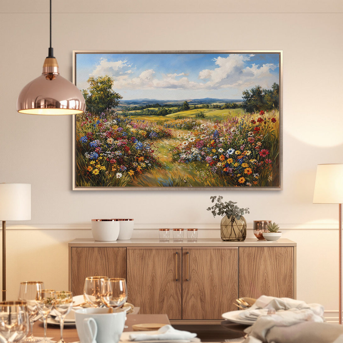 Framed Wall Art featuring a vibrant meadow landscape painting in a warm, inviting color palette. Perfect for adding a touch of nature to your home!