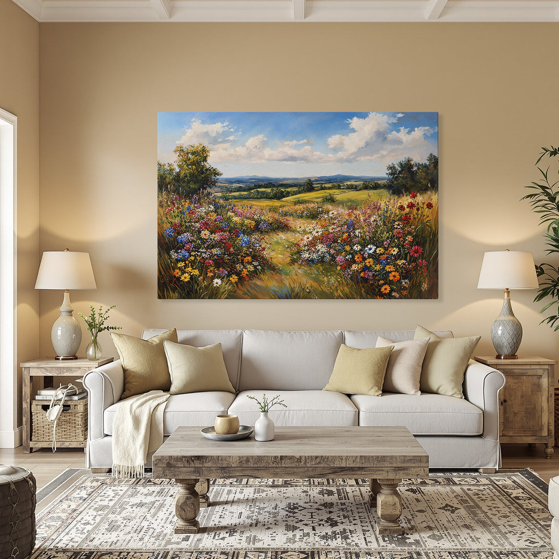 Framed Wall Art: Vibrant wildflower field canvas print in a warm interior. Colorful floral landscape with blue sky, green hills, and a golden frame.