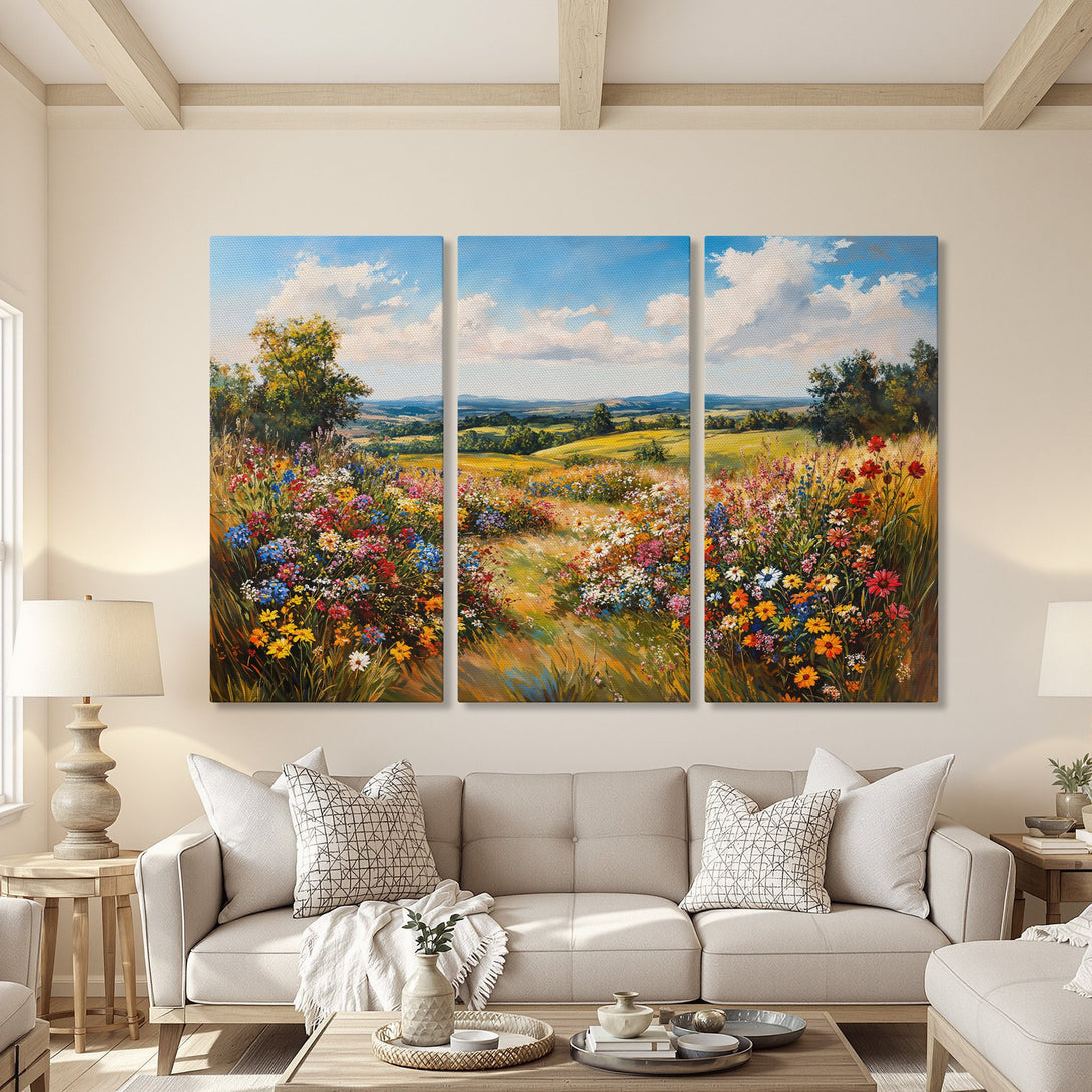 Canvas Print of a vibrant wildflower field painting in a bright, colorful palette. Perfect wall art for a living room.
