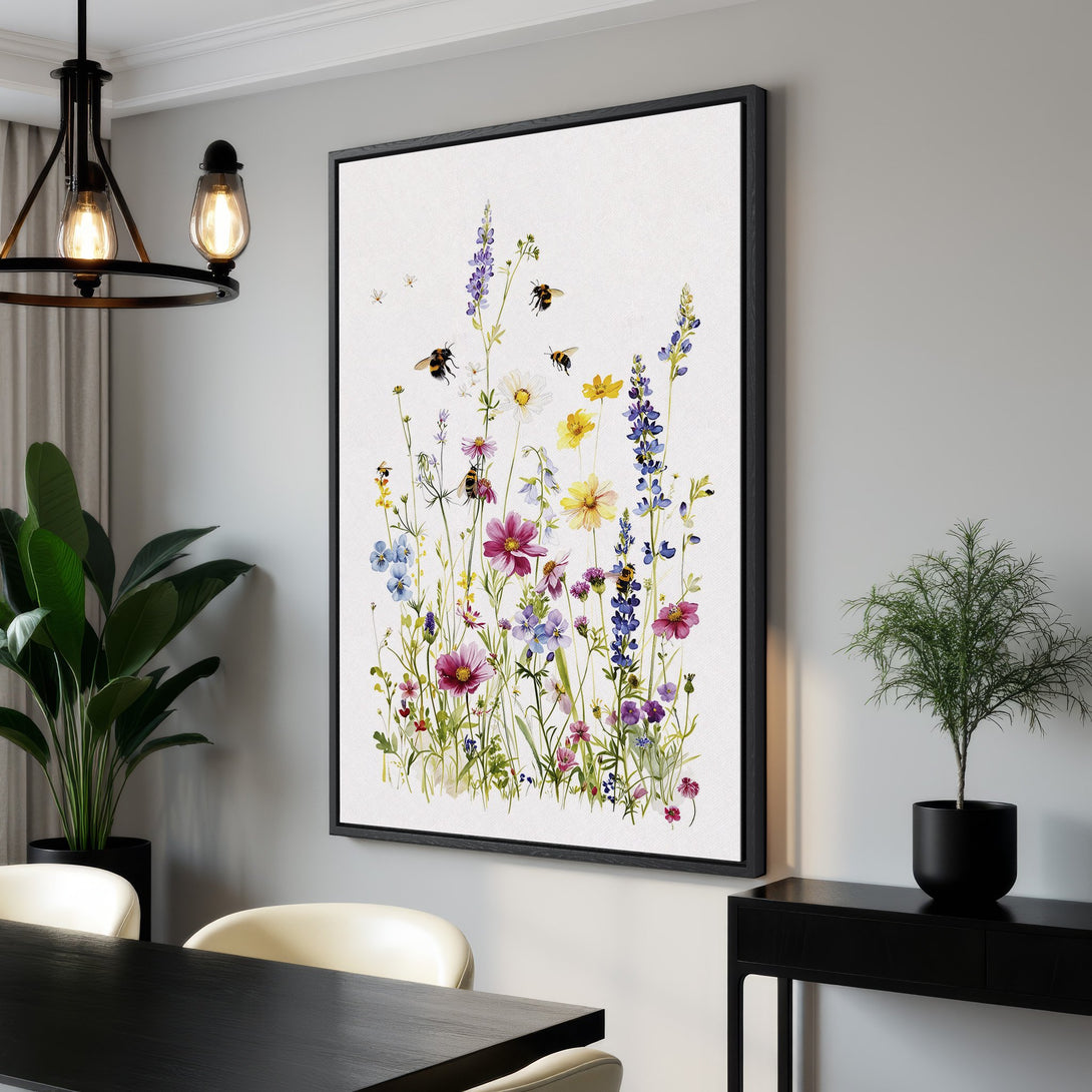 Framed Wall Art featuring a watercolor wildflower meadow with bees. Soft pastel colors, perfect for adding a touch of nature to your home decor.