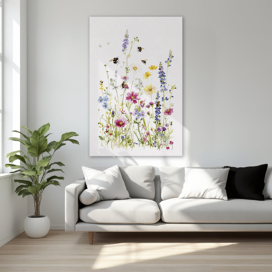 Framed Wall Art featuring a vibrant wildflower meadow in watercolor style. Colorful flowers with bees on a white background. Perfect for adding a touch of nature.