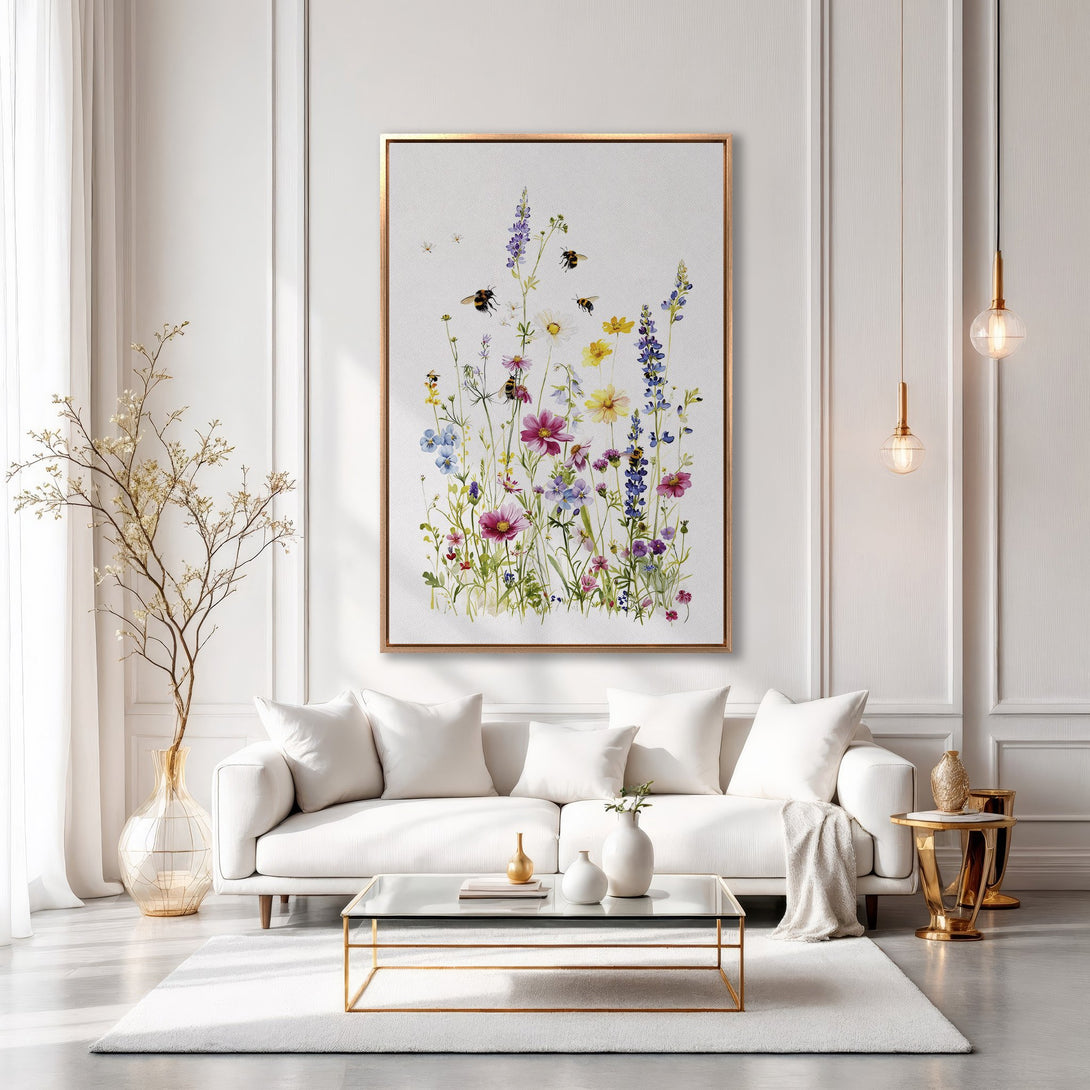 Framed Wall Art: Watercolor floral print in a gold frame. Beautiful wildflowers with a pastel color palette, perfect for adding a touch of nature to your home.