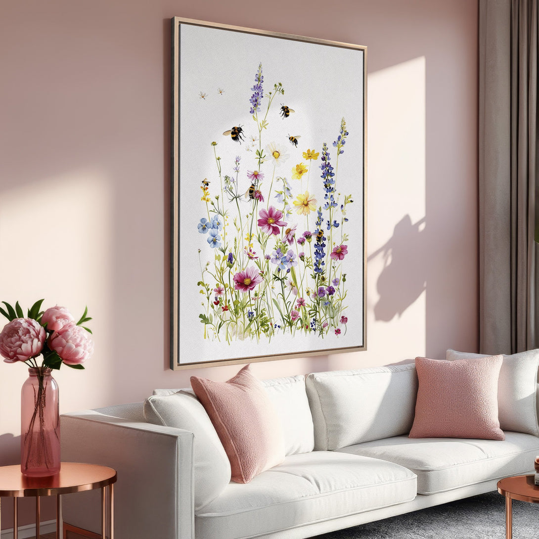 Framed Wall Art featuring a watercolor wildflower meadow in a soft, pastel color palette. Perfect for adding a touch of nature-inspired elegance to any space.