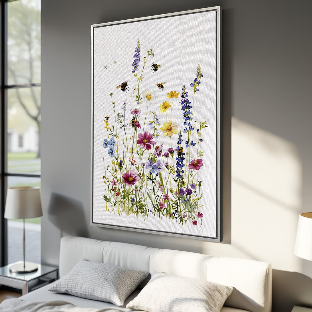 Framed Wall Art: Watercolor floral print with bees, showcasing a vibrant palette of blues, purples, yellows, and pinks. Perfect for adding a touch of nature.